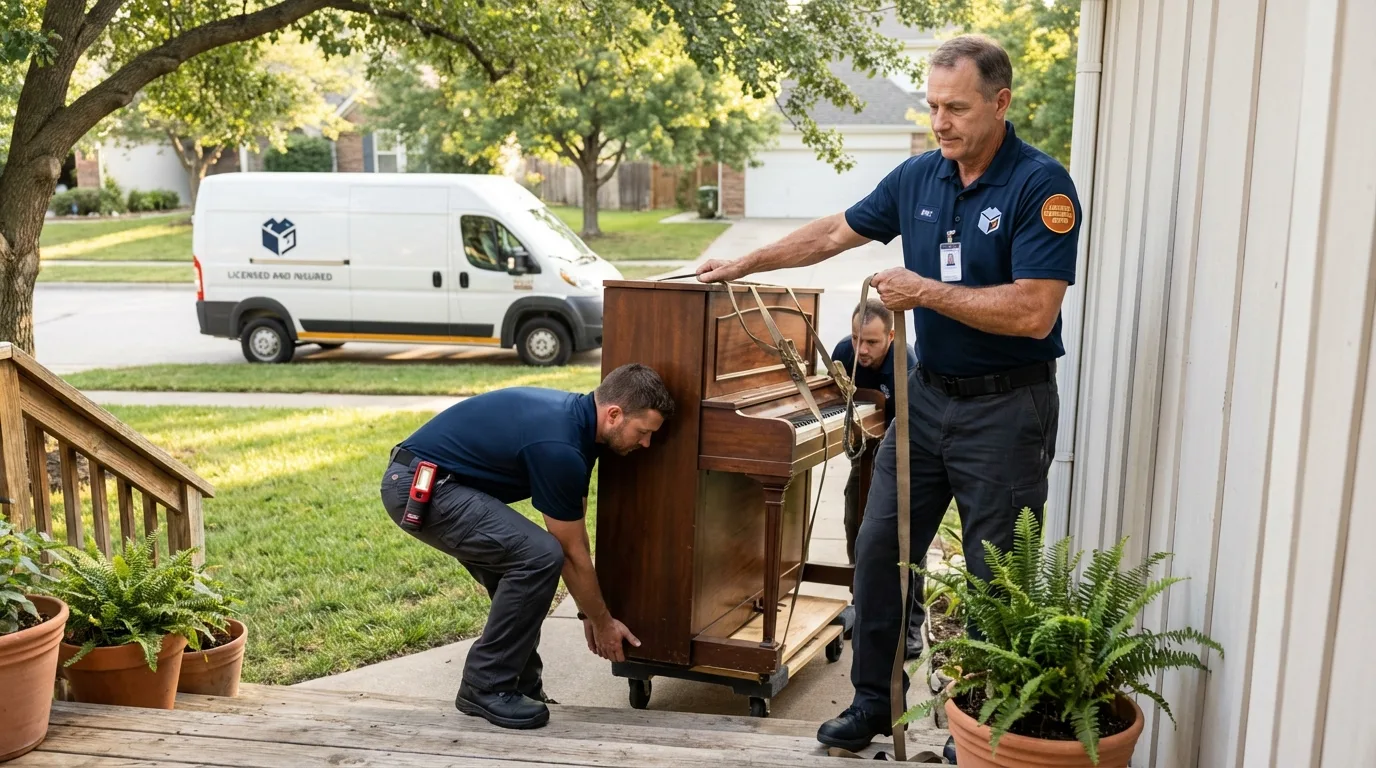 Licensed piano movers securing grand piano in Rushville, NE