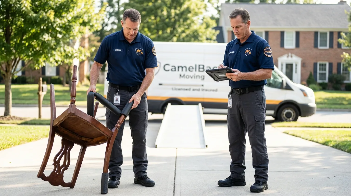 Movers inspecting furniture for damage prevention before loading in Rushville, NE