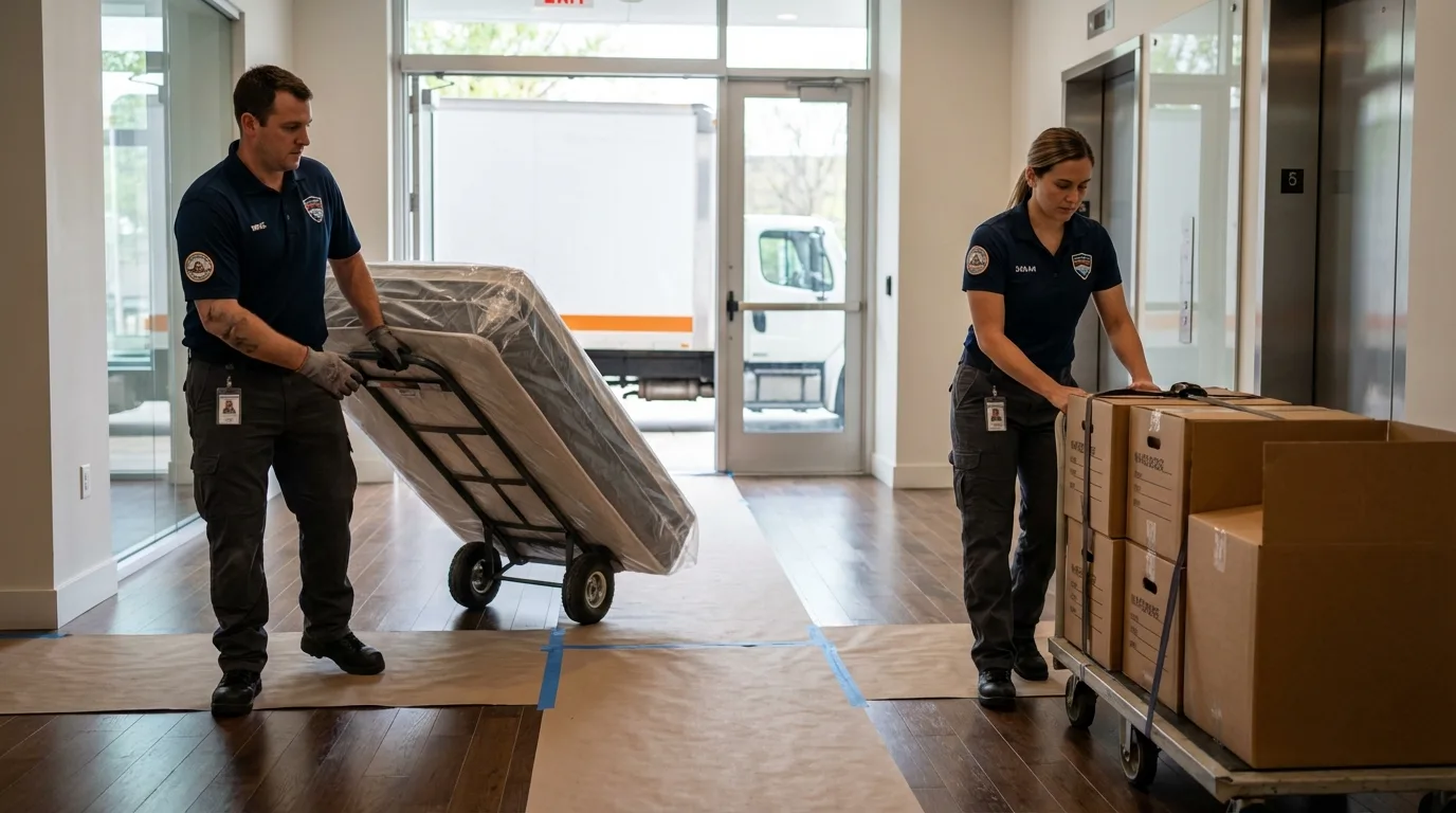 Professional apartment movers loading elevator in Rushville, NE
