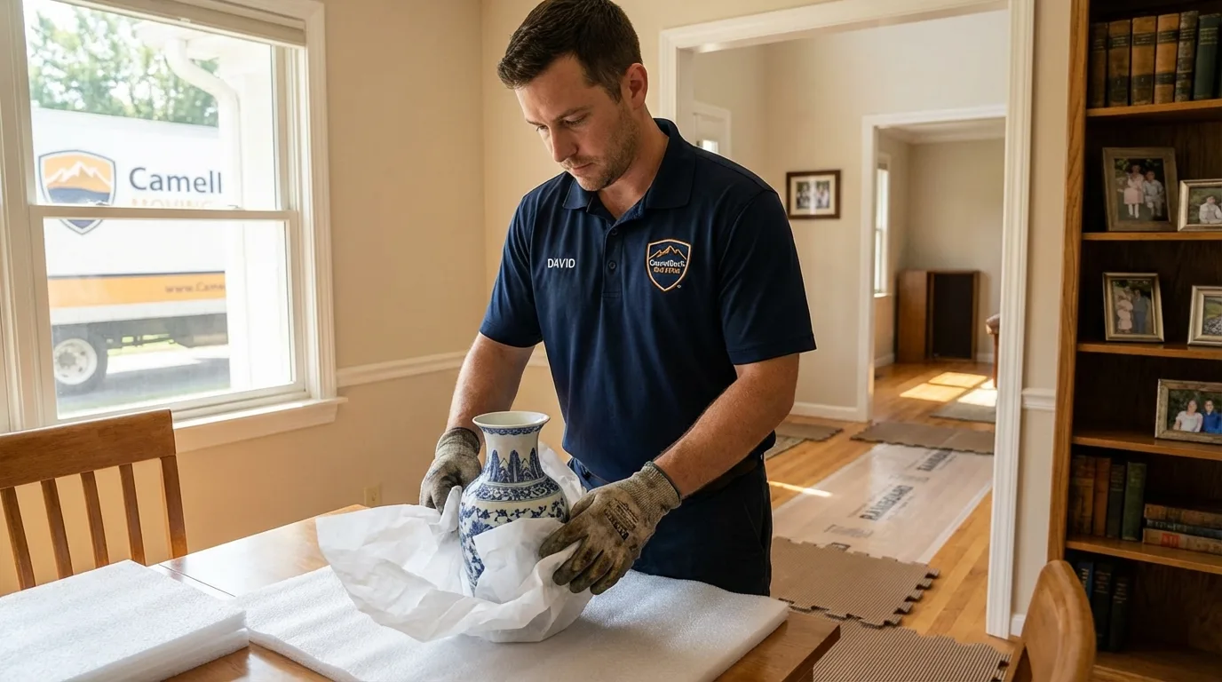 Professional crew carefully wrapping antique vase for senior downsizing move in Rushville, NE